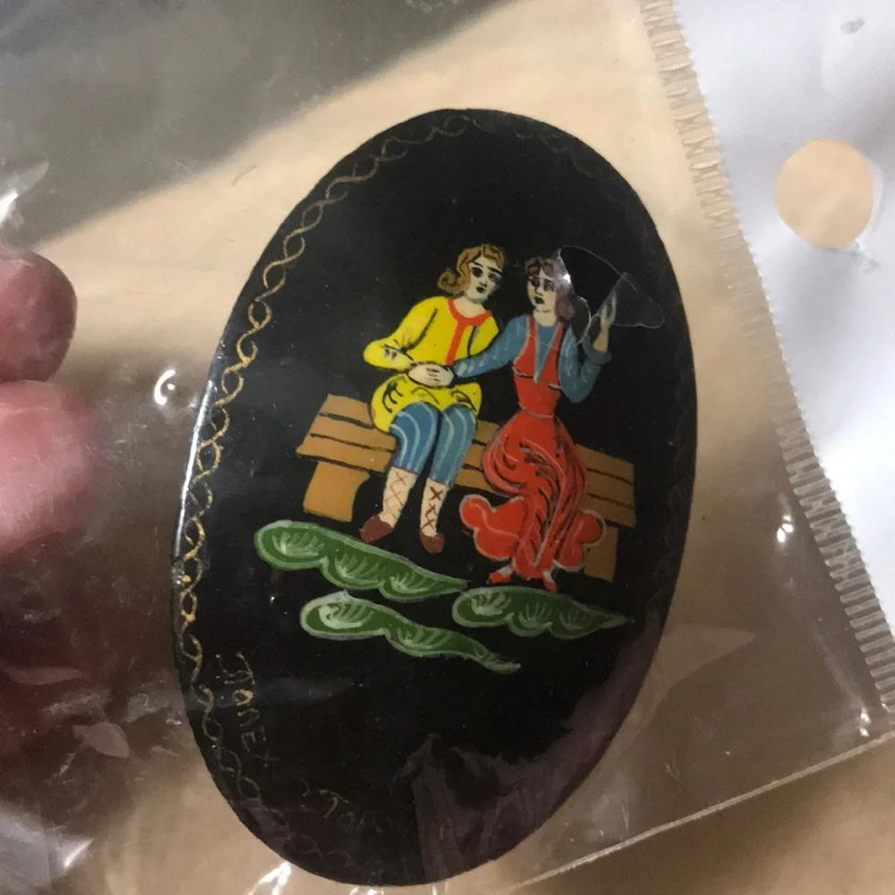 2 Russian brooches lacquer handpainted artisan signed collectors set Vintage